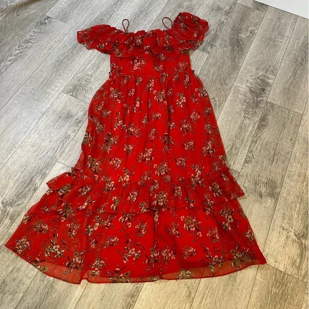 ZARA Red Floral Off The Shoulder Ruffled Tiered Chiffon Midi Dress Size XS - Picture 16 of 17